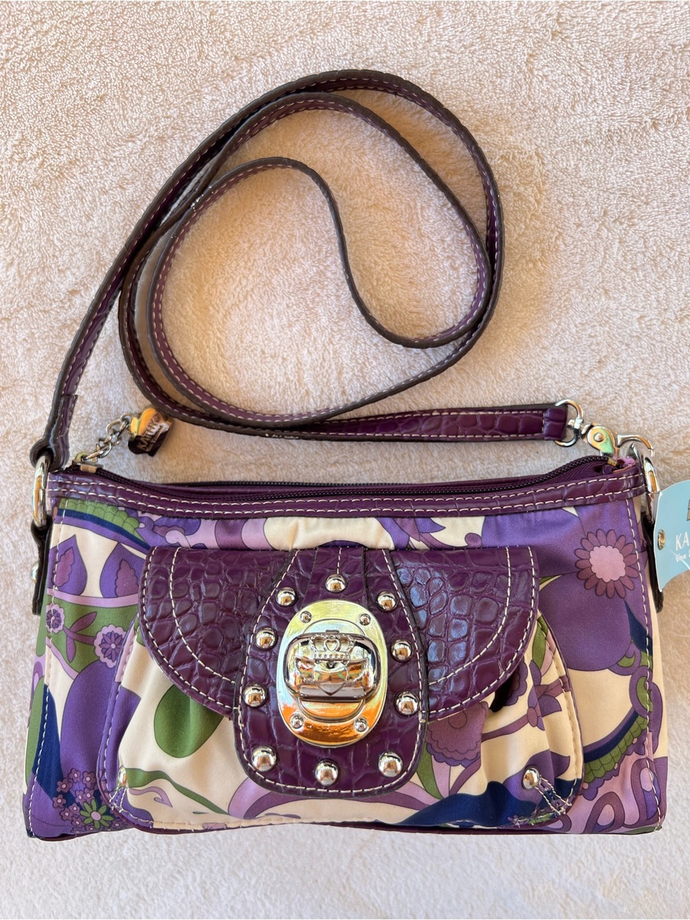 Kathy Van Zeeland Vintage Purple Floral Crossbody Shoulder Bag NWT
